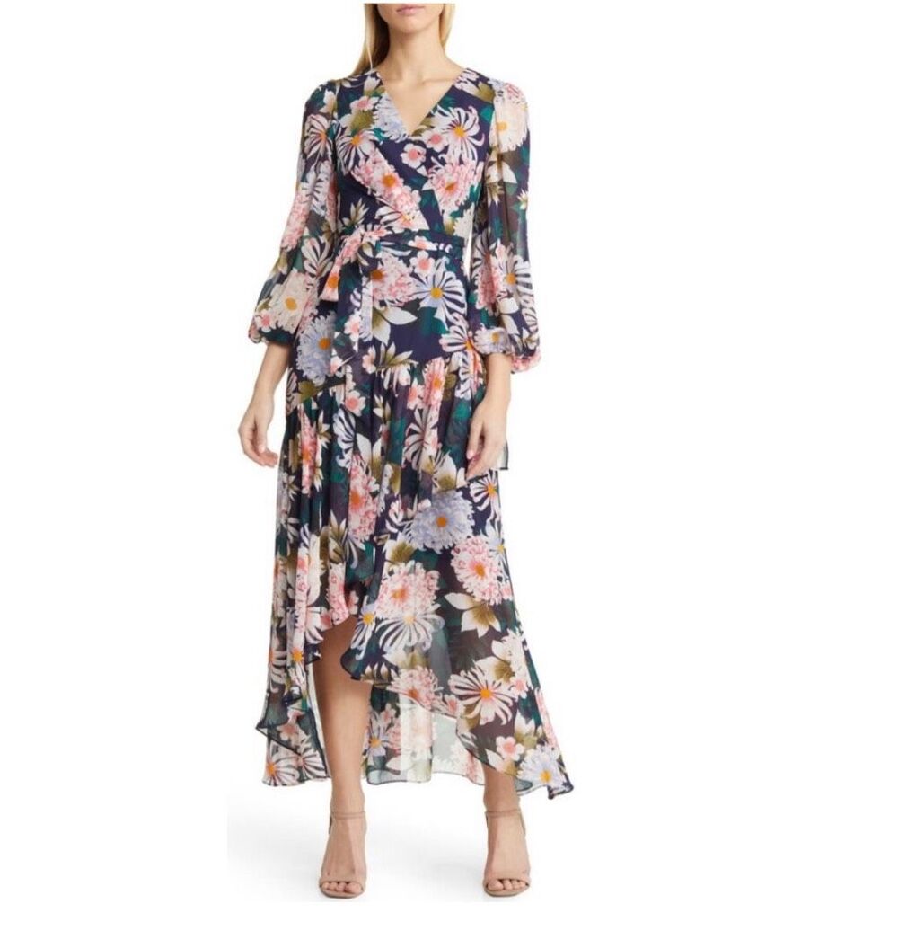 Eliza J faux wrap luxe pink floral high low long sleeve dress